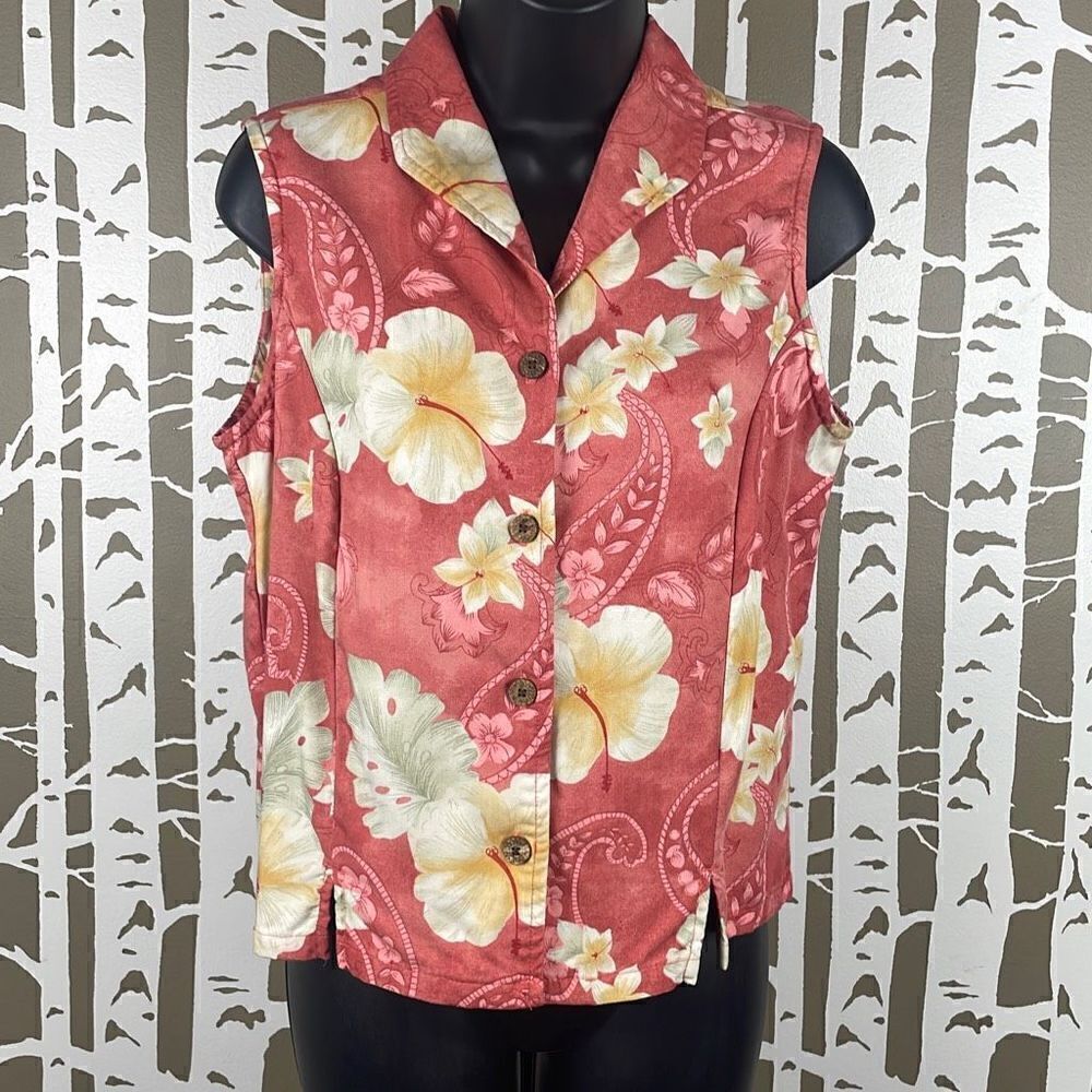 Caribbean Joe Vintage 90's Tropical Print Button Front Sleeveless Top M